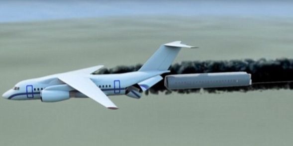 Arată ca un avion normal, dar nu e. Fuselajul se desprinde de "schelet" şi aterizează cu paraşutele