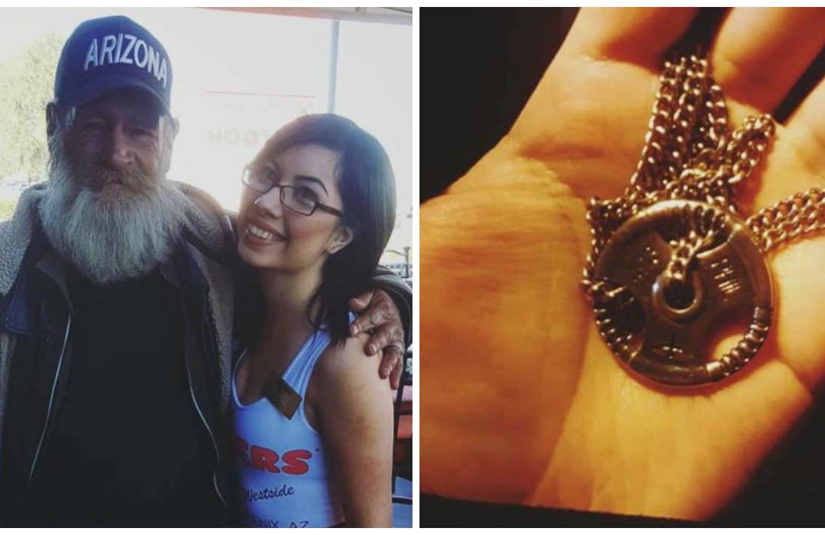 O chelneriță face o poză cu un străin. Peste câteva clipe, el își scoate ceva de la gât…