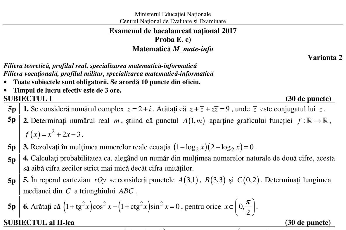 Subiecte şi Barem de corectare MATEMATICĂ M1, M2, M3 - BAC 2017