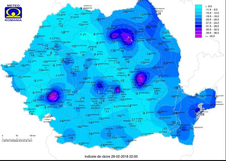 Cea mai geroasă noapte din această iarnă începe în forță. Minus 54 de grade resimțite în România!
