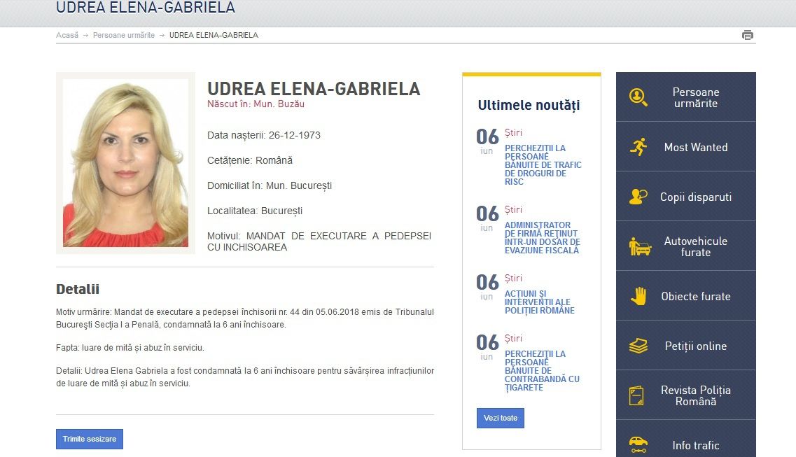 Elena Udrea a ajuns pe lista de URMĂRIŢI a Poliţiei Române