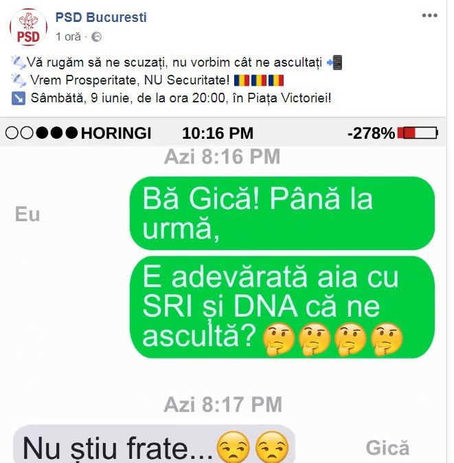 PSD, încă o postare pe Facebook, pentru miting: "Bă Gică, e adevărat ca DNA şi SRI ne ascultă?!"