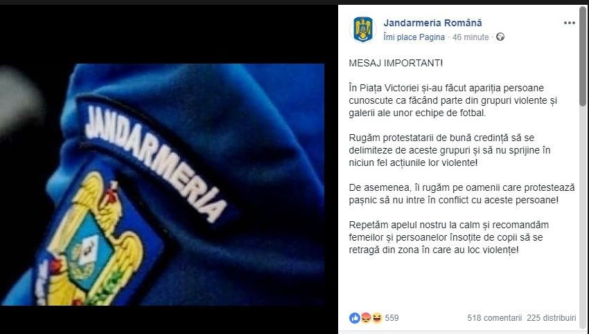 HALUCINANT! Jandarmeria a anunțat că vin ultrașii la protest abia după incidente!