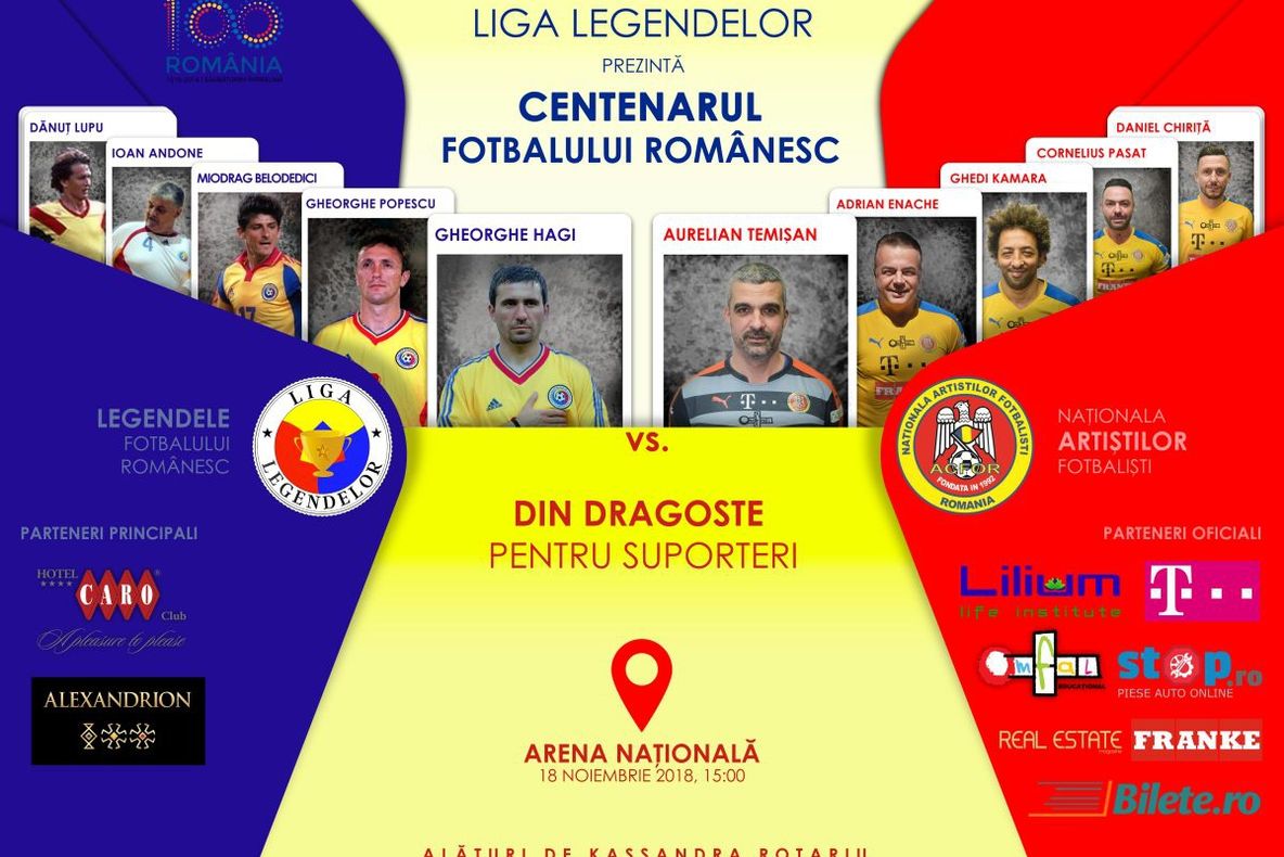 Centenarul Fotbalului Românesc, pe Arena Naţională: Legendele fotbalului vs. Naţionala Artiştilor