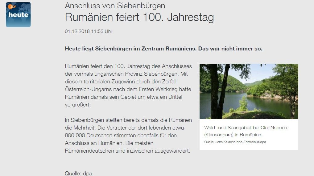Centenar cu scandal! Agenția de presă DPA scrie despre "anexarea unei părți a Ungariei"