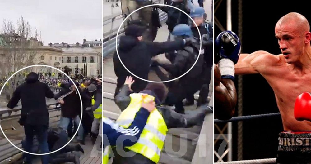 Violență oarbă la Paris. Un boxer profesionist, în fruntea vestelor galbene, lovește jandarmi căzuți