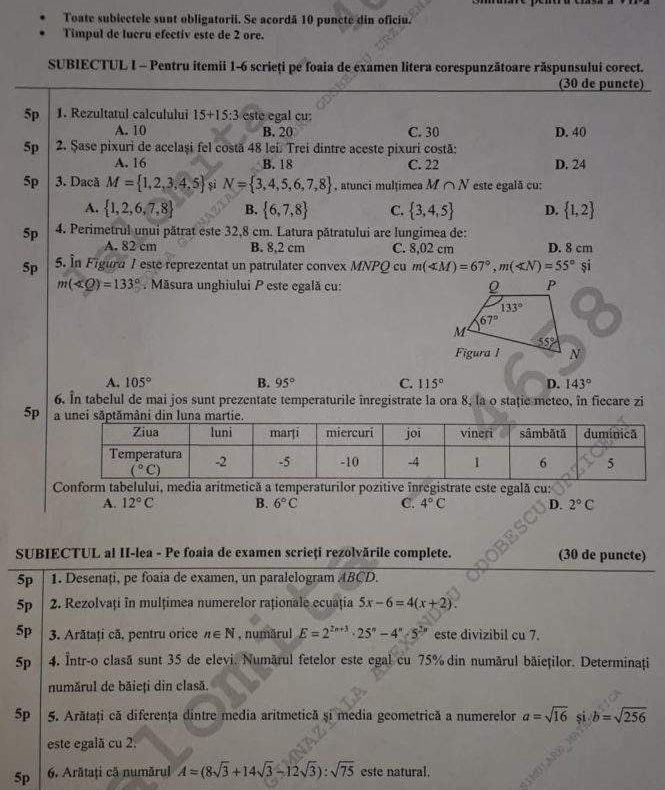 Subiecte Simulare Matematică 2019 clasa a 7-a. Cât fac 15+15:3? Barem corectare