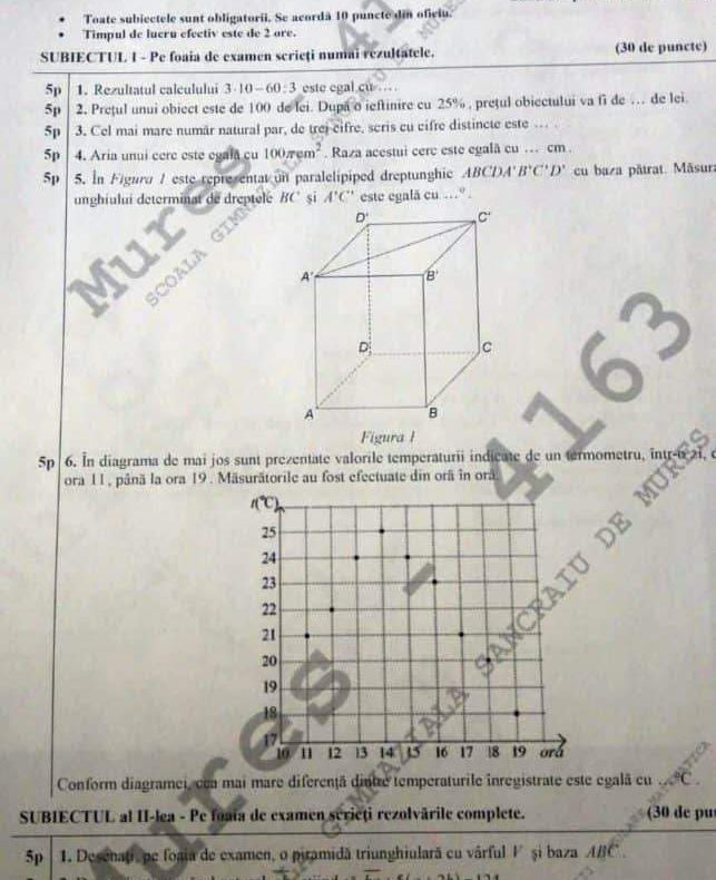 Subiecte Simulare Matematică 2019 clasa a 8-a. Cât fac 3x10-60:3? Barem corectare