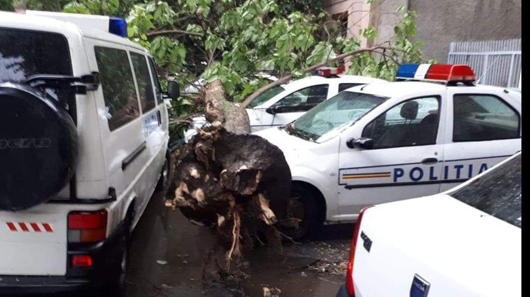 Mașini de poliție distruse de vremea extremă, la Brăila