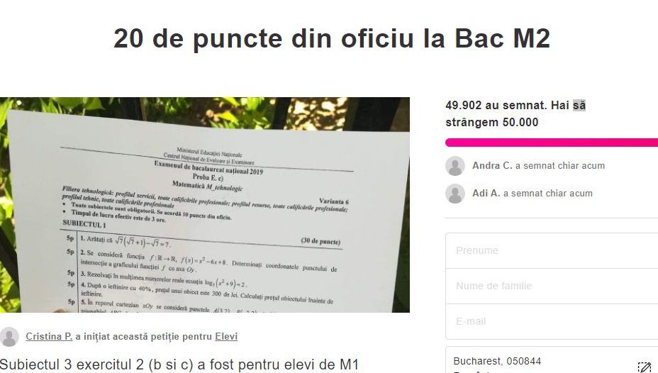 BAC 2019 M2. Petiția elevilor de la Tehnologic, cu 50.000 de semnături: ”20 de puncte din oficiu!”