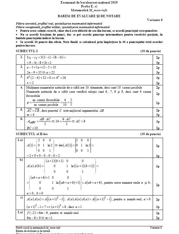 Barem Matematică 2019 Bacalaureat EDU.ro - mate-info, tehnologic și științe ale naturii