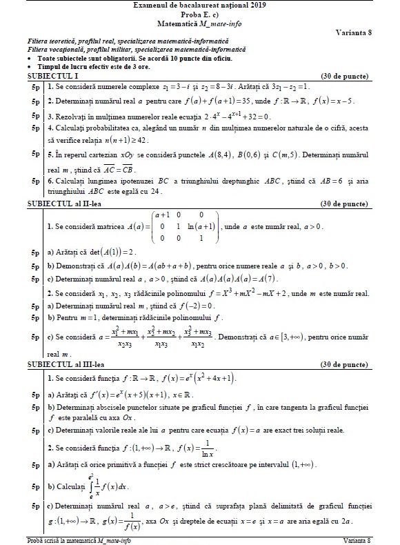 Subiecte Matematică BAC 2019 mate-info, tehnologic și științe ale naturii: Funcția de la Subiectul 3
