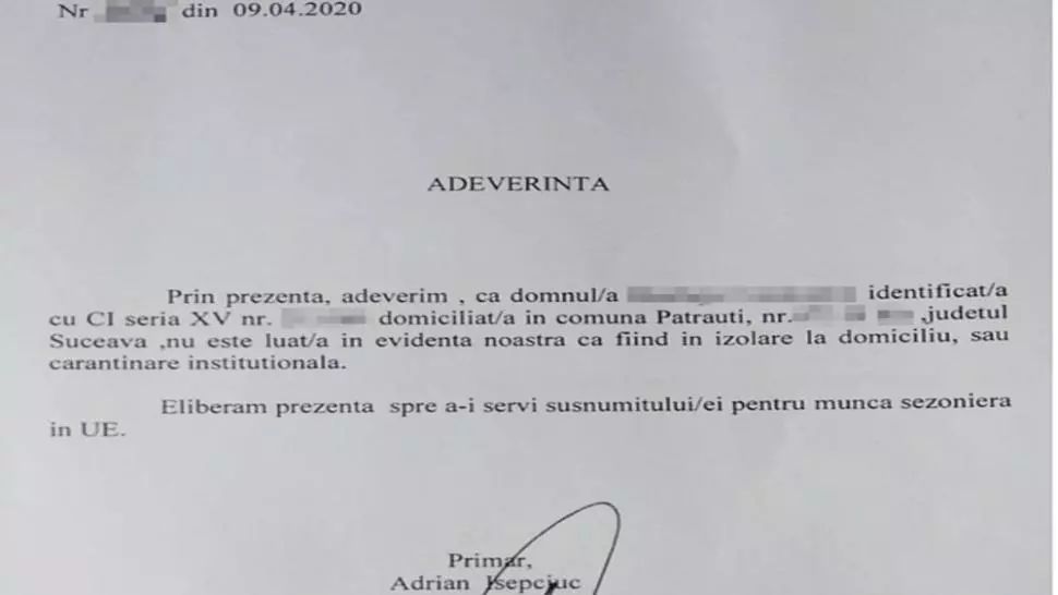 Suceava: Primăria unei localități aflată în carantină eliberează sătenilor care pleacă la muncă în străinătate adeverințe non-COVID