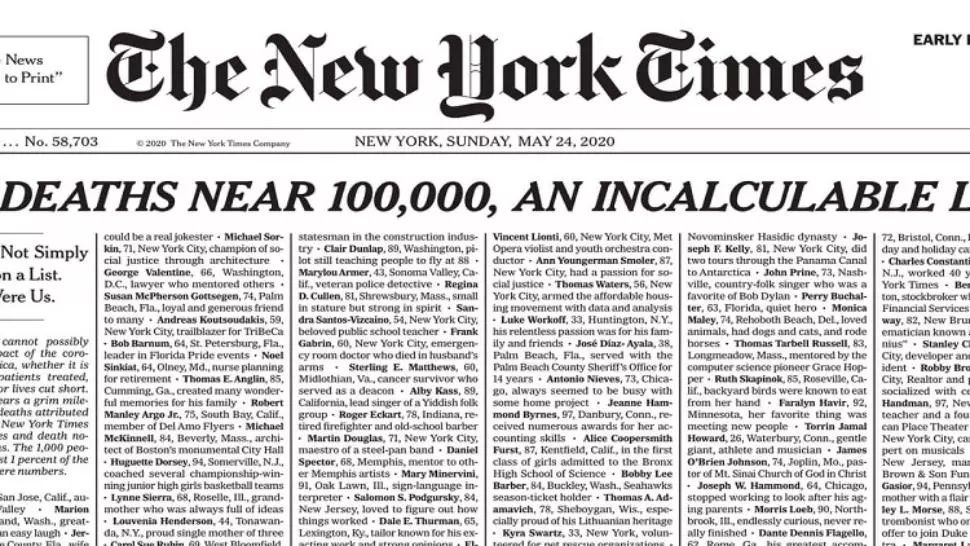 New York Times dedică prima pagină victimelor coronavirusului: a umplut-o cu nume de persoane decedate