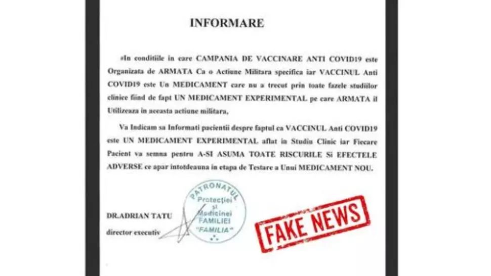 Ministerul Apărării Naţionale, semnal de alarmă în legătură cu zecile de FAKE NEWS și reamintește că VACCINAREA anti-coronavirus NU ESTE OBLIGATORIE