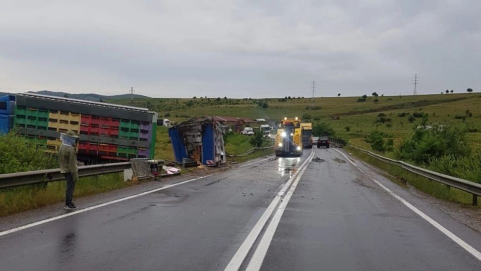 Un camion plin cu stupi s-a răsturnat pe DN 13, în județul Brașov. Se circulă cu dificultate
