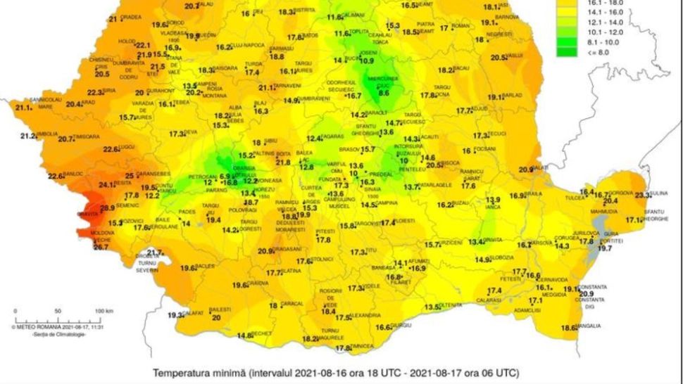 România a avut parte de una dintre cele mai CALDE nopți de când există date meteo. Temperatura minimă a fost de +28,9 grade Celsius! 