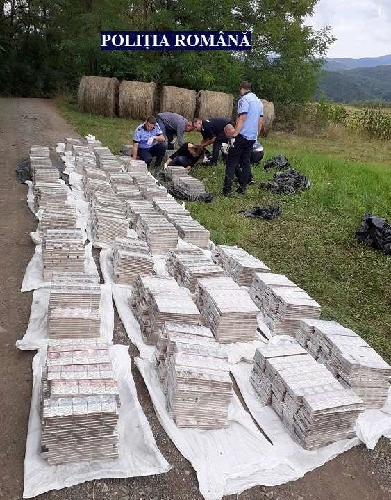 FOTO | Captură impresionantă a polițiștilor din Arad. Peste 20.000 de pachete de ţigări de contrabandă, descoperite lângă o lizieră