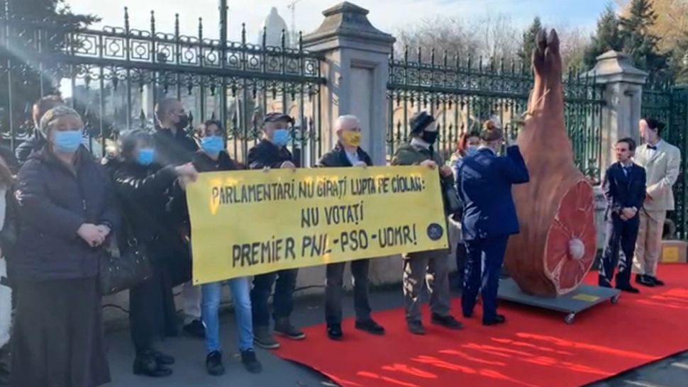Protest la Parlament, în ziua audierilor miniștrilor din Guvernul Ciucă. „Nu giraţi lupta pe ciolan: nu votaţi premier PNL-PSD-UDMR!”