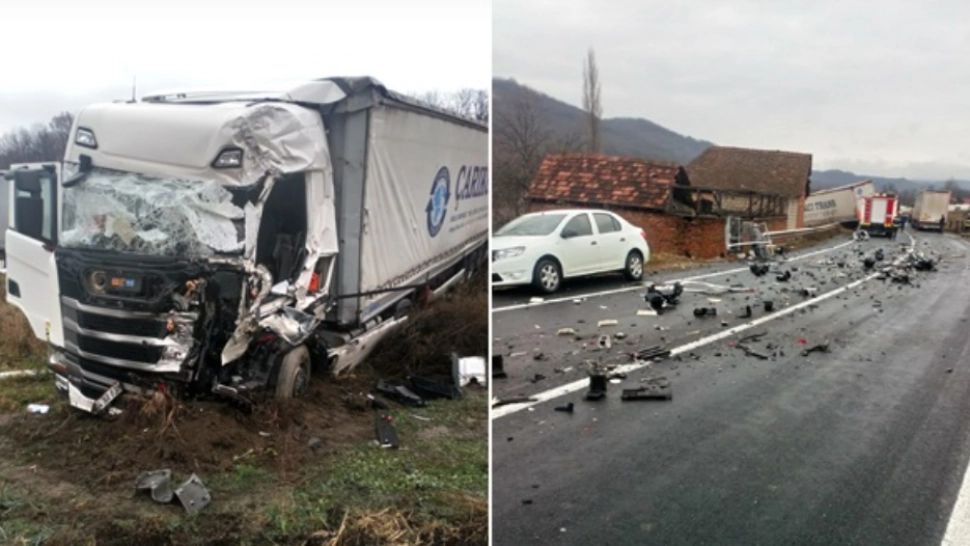 Impact NIMICITOR între 2 TIR-uri, pe DN6, în județul Caraș-Severin: O persoană a ajuns la spital. Trafic BLOCAT