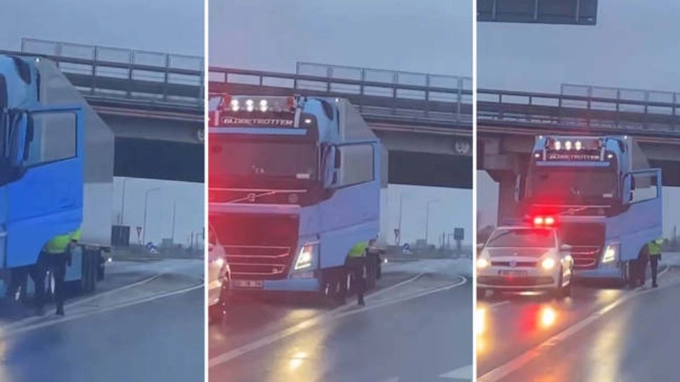VIDEO șocant în jud. Arad, polițist surprins când amenința cu pistolul un șofer de TIR