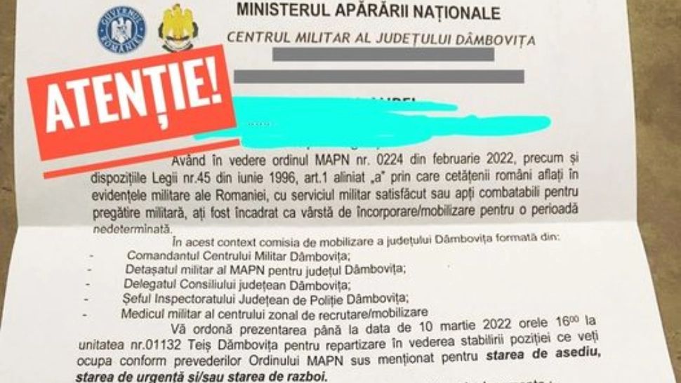 MApN a sesizat autorităţile competente cu privire la false ordine de chemare la mobilizare