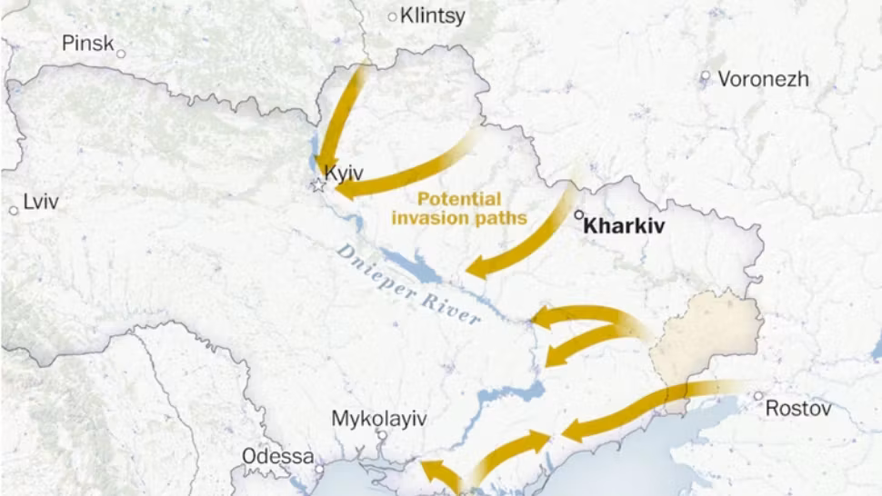 FOTO | The Washington Post a publicat o harta unei posibile invazii a Rusiei în Ucraina. Pe unde va pătrunde armata lui Putin 