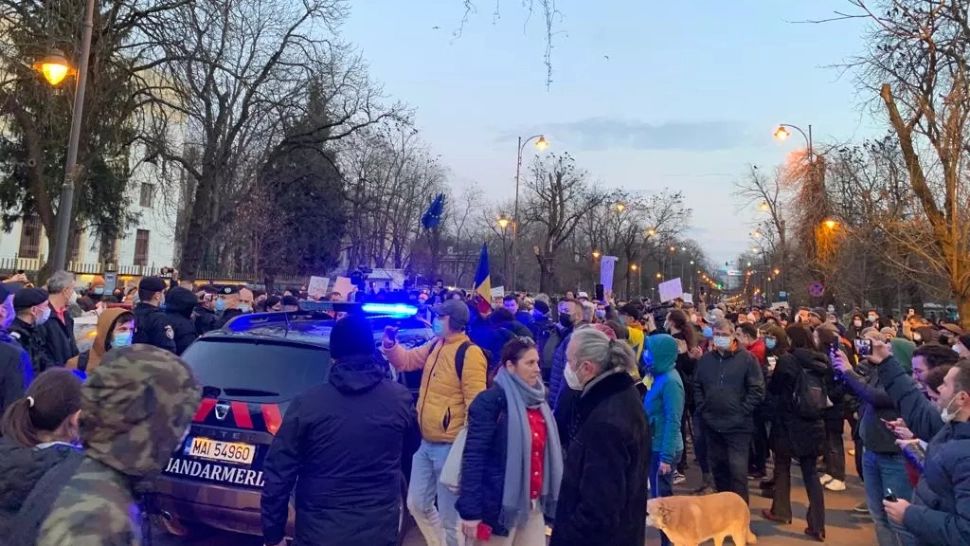 FOTO Protest la Ambasada Rusiei din București. Tânăr reținut de jandarmi, fotografia lui Putin, mânjită cu vopsea roșie