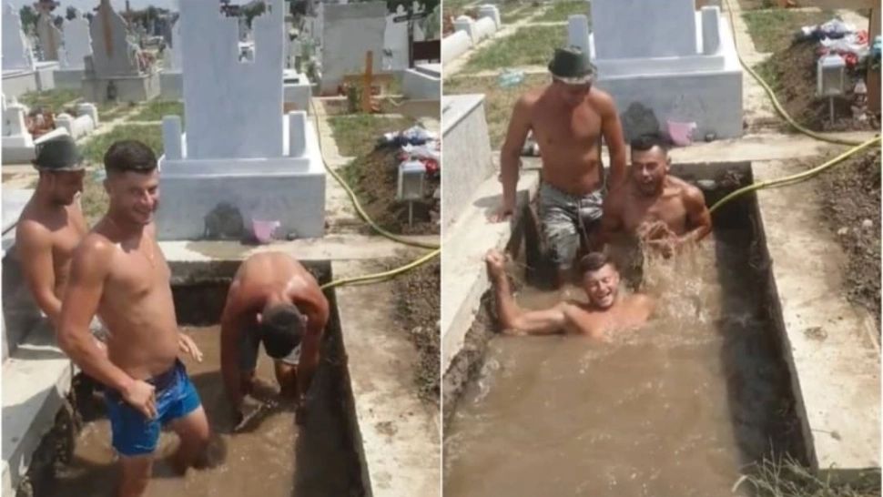 Piscină în CIMITIR: trei gropari au umplut mormântul cu apă și s-au bălăcit - VIDEO