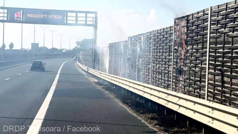 Incendiu puternic de vegetație pe A1 - Flăcări au cuprins și panourile fonoabsorbante de pe marginea autostrăzii - VIDEO