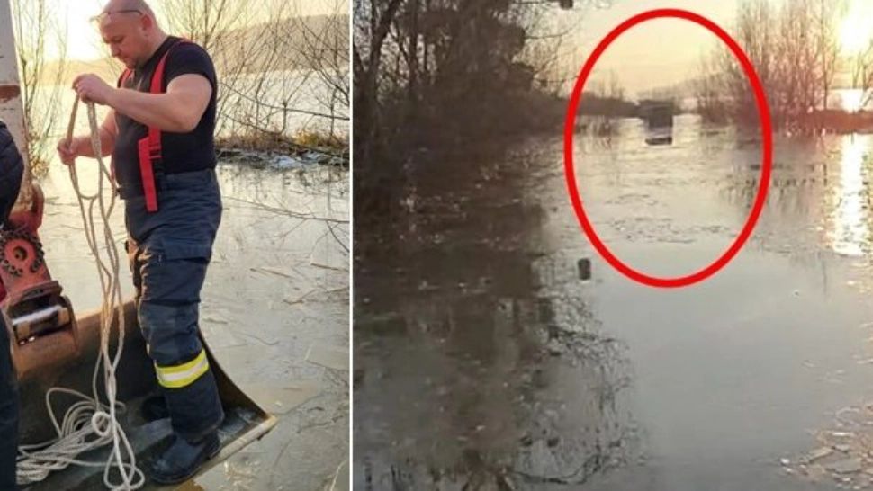 Pasageri evacuați dintr-un microbuz blocat pe un drum inundat în județul Satu Mare. Un lac a ieșit din matcă