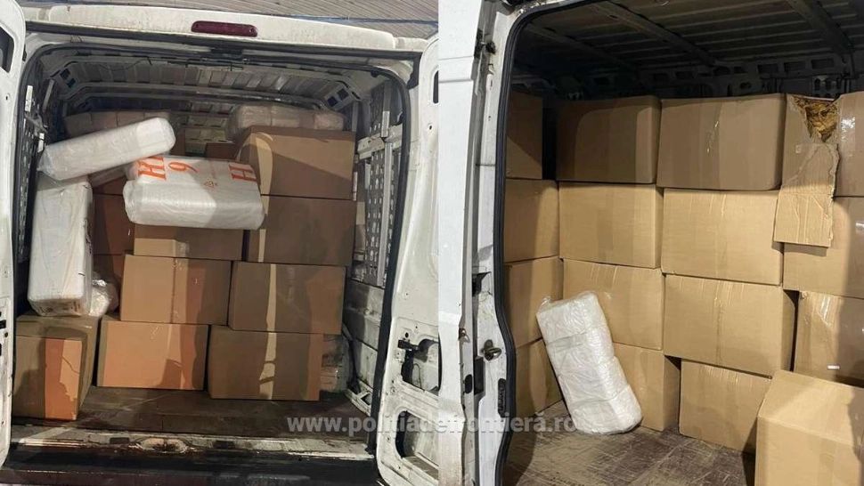 Aproape o tonă de tutun neprelucrat, găsită ascunsă într-un microbuz, în Giurgiu - FOTO