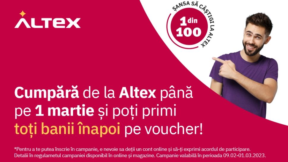 Altex oferă clienților toți banii înapoi pe vouchere la toate cumpărăturile realizate în noua campanie “1 din 100 cumpărători este câștigător” (P)