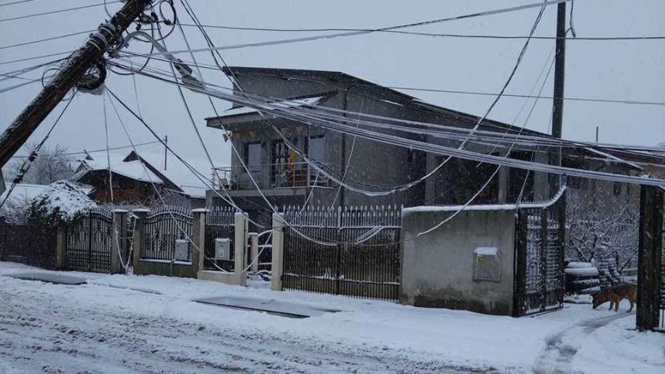 Un drum național, blocat de copaci și stâlpi de electricitate căzuți. Sute de familii au rămas fără curent în urma ninsorilor