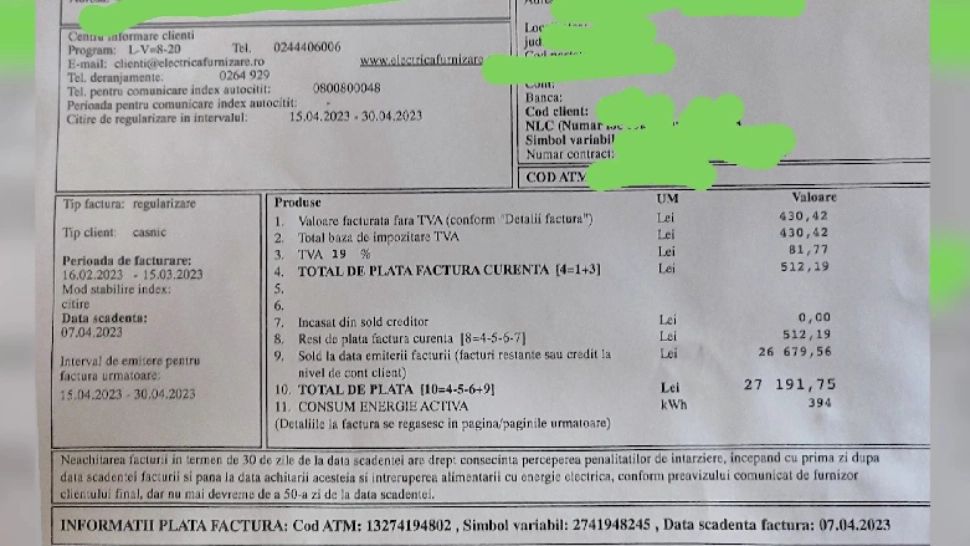 S-a trezit cu o factură la curent de 27 de mii de lei, emisă pe tot anul