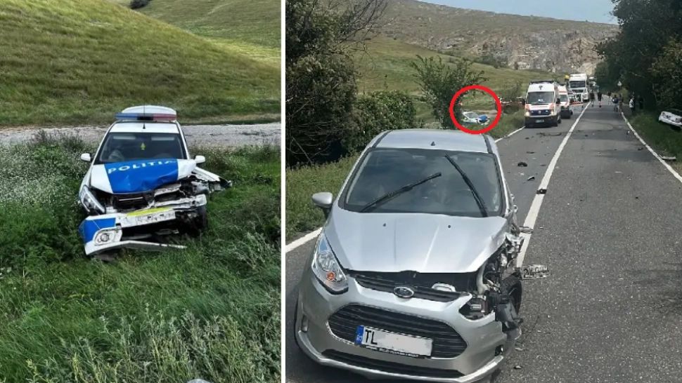 Mașină de poliție, implicată într-un accident rutier, în județul Tulcea. Două persoane, printre care și un polițist, au ajuns la spital