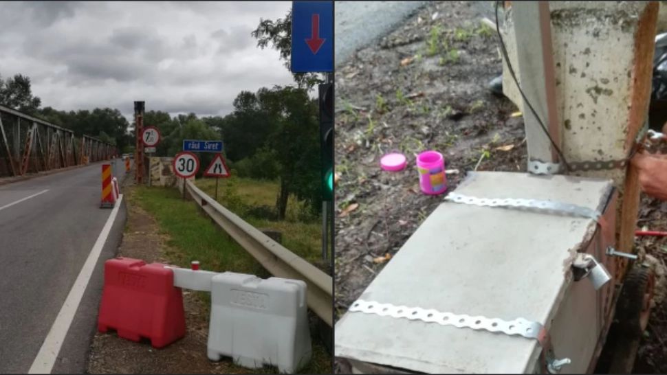Au pus lacăt pe semafor. Imagini virale la un pod peste Siret - FOTO