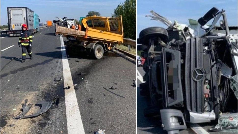 Accident grav pe A1, între Deva și Orăștie - TIR răsturnat după ce a lovit o autoutilitară - O persoană rănită, dusă urgent la spital