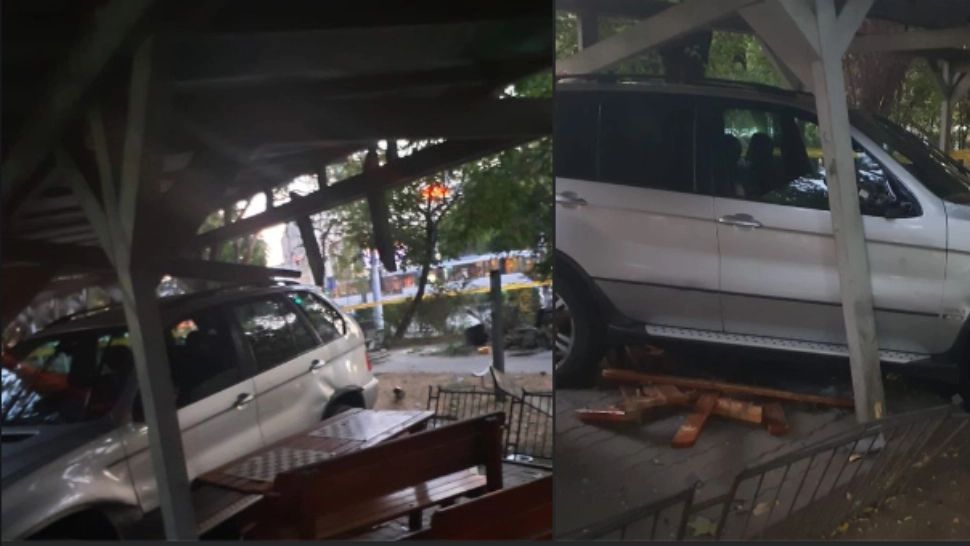 Accident halucinant în București. Un șofer băut a ajuns cu SUV-ul în foișorul de șah al pensionarilor - FOTO