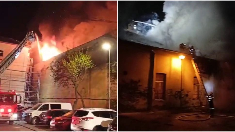 Incendiu violent, la Alba Iulia: Sala de sport "1 Mai", din centrul orașului, a ars complet. Pompierii au protejat Tribunalul