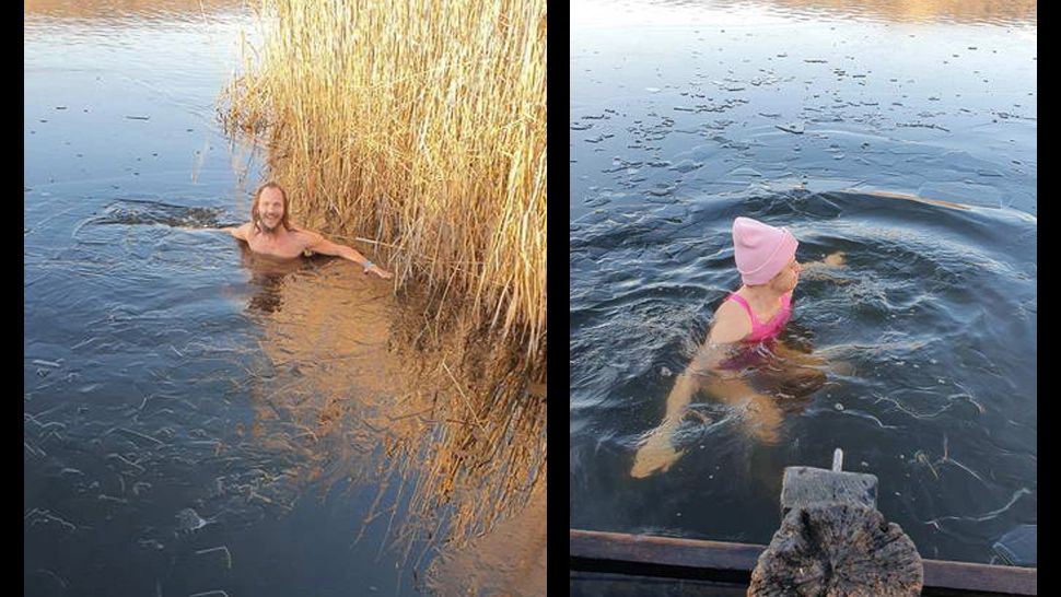 Baie printre bucăți de gheață, pe lacul Săcălaia. VIDEO cu cei doi români care și-au depășit limitele fizice