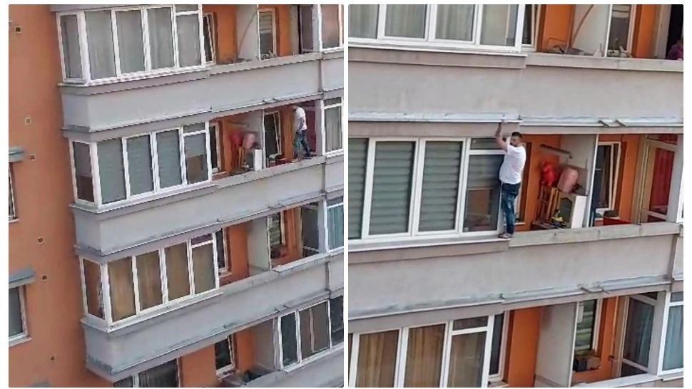 Spiderman a la Cluj. S-a cățărat pe bloc până la etajul 2 și oamenii s-au trezit cu el pe balcon. O femeie l-a mușcat de mână