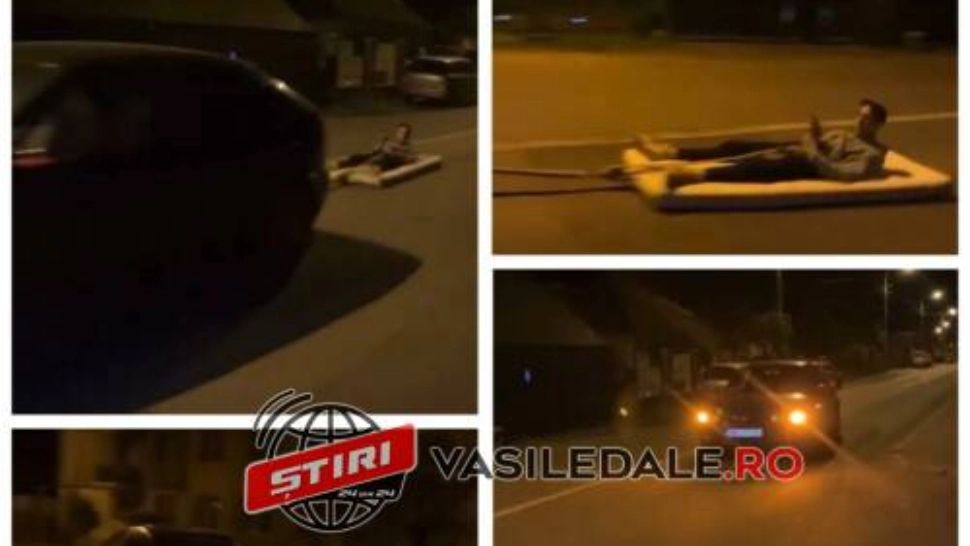  Teribilism fără margini. Tânăr tras de o mașină cu o saltea