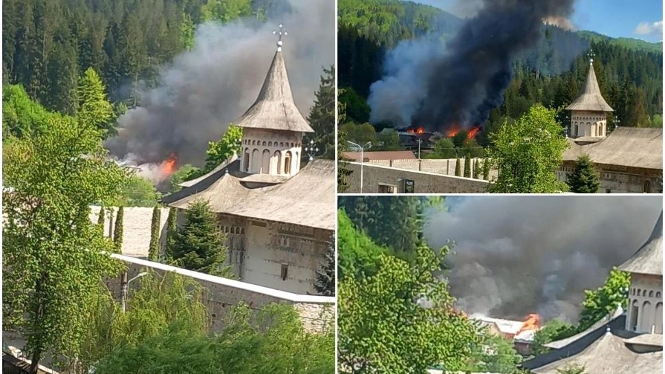 Incendiu de proporții în apropierea mănăstirii Voroneț. Mobilizare de amploare a pompierilor - VIDEO