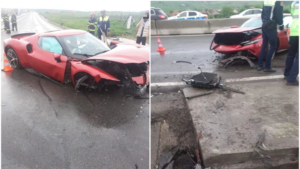 Ferrari făcut praf într-un accident rutier, între Turda și Cluj-Napoca. 2 bărbați au ajuns la spital - FOTO