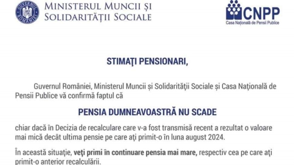 Documentul OFICIAL care atestă că pensia nu scade după recalculare. Ce au transmis șefii de la Muncă și de Pensii -DOCUMENT