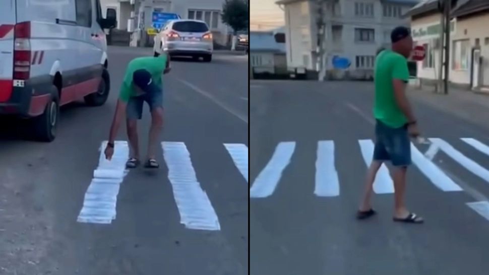 A făcut trecere de pietoni cu TRAFALETUL, ca să treacă de acasă la cârciumă. Gestul hilar al unui sucevean i-a surprins și pe polițiști - VIDEO