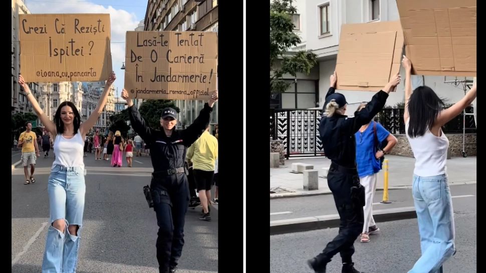 Jandarmeria a ieșit la recrutat pe străzi cu două ispite. O influenceriță și o jandarmeriță în uniformă au defilat în Capitală cu două pancarte 