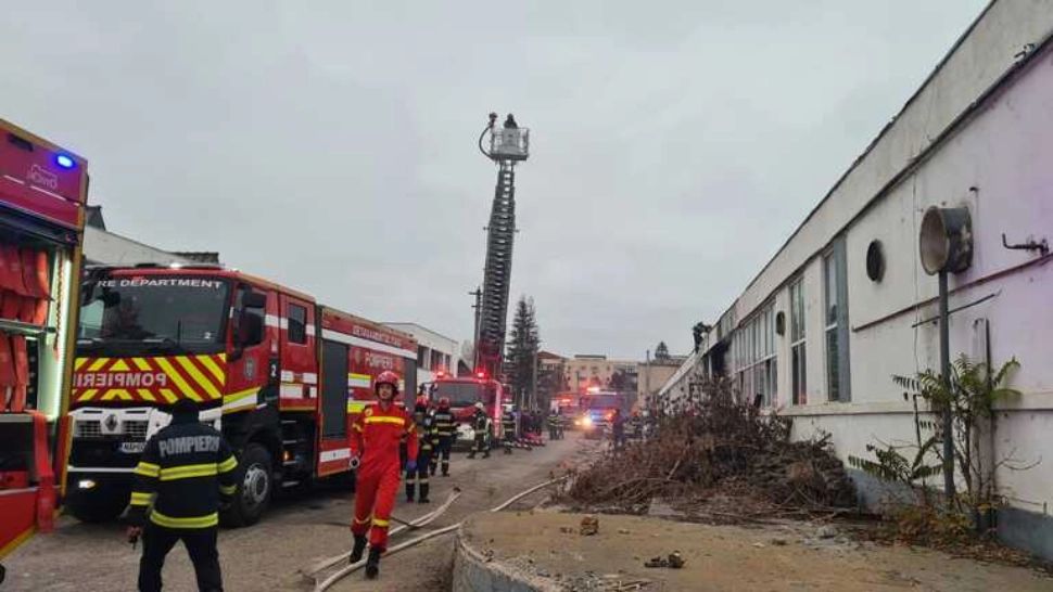 Incendiu de proporții la o fabrică de mobilă din Iași. 50 de metri din acoperișul halei s-au făcut scrum VIDEO