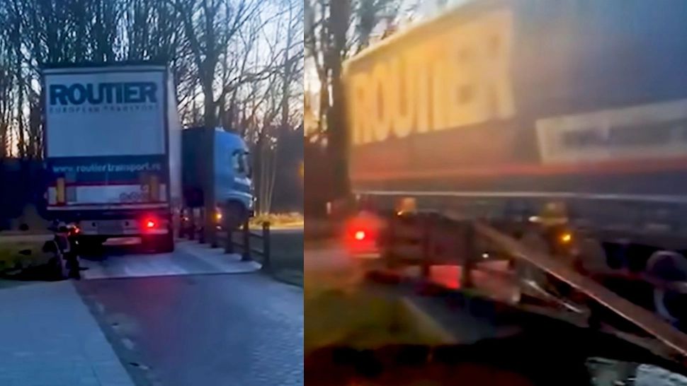 VIDEO - Un șofer român de tir a făcut praf un podeț pentru biciclete în Olanda. A făcut manevre nefericite, lăsând în urmă haos și distrugere